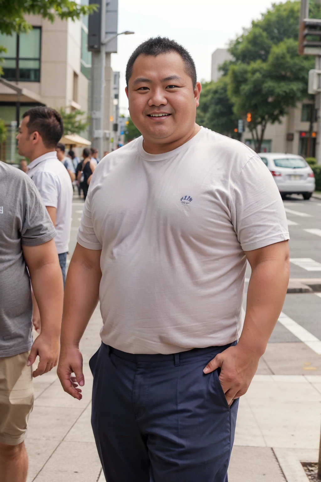 A Japanese little chubby male is 40 years old, walking on a pedestrian cross under the blazing sun, He wet him his grey pants, business white shirt, He is looking at viewer and scowling, round face:2, droopy eyes, thick thighs, erotic humiliation, Super detail, Anatomically correct, this image was taken with a medium telephoto lens, a silver ring on his left ring finger, office worker, bulgeJ8, smirking, medium hair, natural nerdy hair, He opens his mouth a little, sweating,