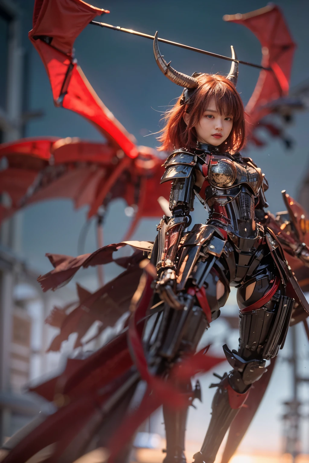 blindbox, (masterpiece, best quality:1.2), (8k uhd, 16k, 32k, ultra high res), (photorealistic:1.37), (RAW photo), ultimate-realistic, ultimate-realistic details, ultimate-realistic texture, ultimate-intricate details, ultimate-realistic lighting, ultimate-realistic shadow, japanese girl, ultimately cute face, ultimate-RAW skin, ultimate-realistic eyes, (mechanical armor:1.4), (full body), wide shot, Evil organization, demons, horns, bat wings, red hair, bob cut, mechanical armor, reddish-black skin, red eyes, flying with Satanic castle in background