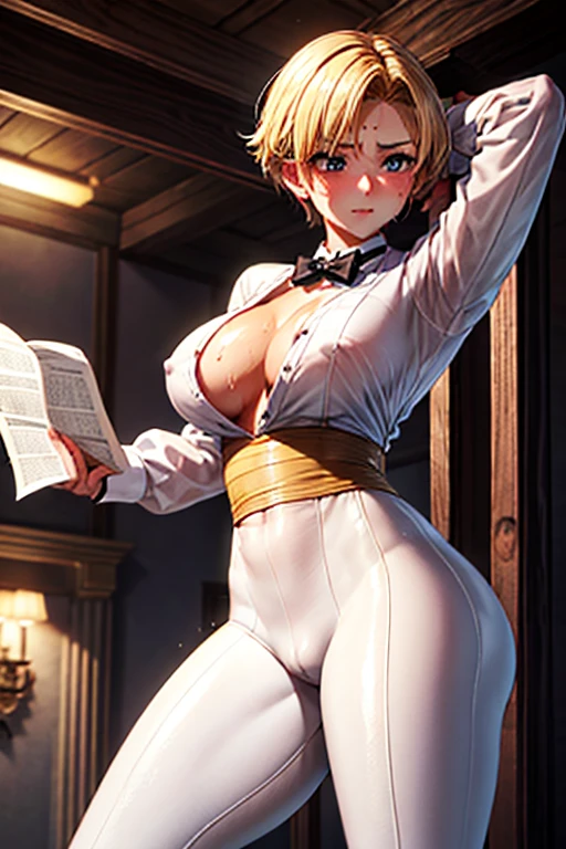 Browsing Caution, (Highest image quality,Highest品質,Highest解像度, Ultra-Realistic Images,Very detailed,masterpiece),Blonde Short Hair,((Sticky with sweat)),Big Breasts, Erect nipples, White shirt,A bow tie,Highest,Black slacks,Black leather shoes,Abdominal muscles, Camel Toe,blush, Eyes in Love, Dynamic pose ,Browsing Caution,