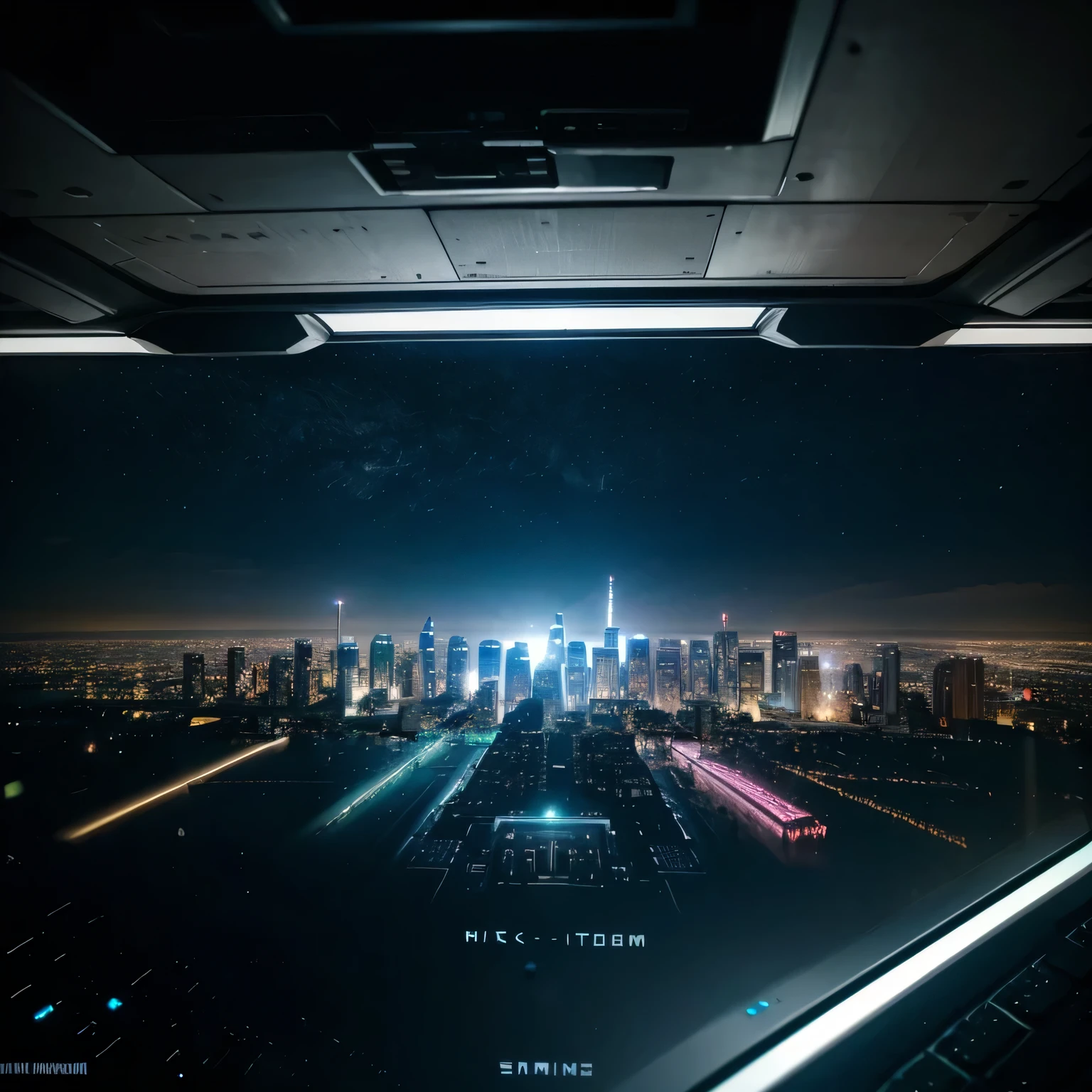 High resolution cyber city, Sicht vom Fenster, Galaxie, Hologramm PC Workstation im Vordergrund, Virtual Keyboard, Neon Farbenes Keyboard, Schwebendes Keyboard, Hologramm Bildschirm