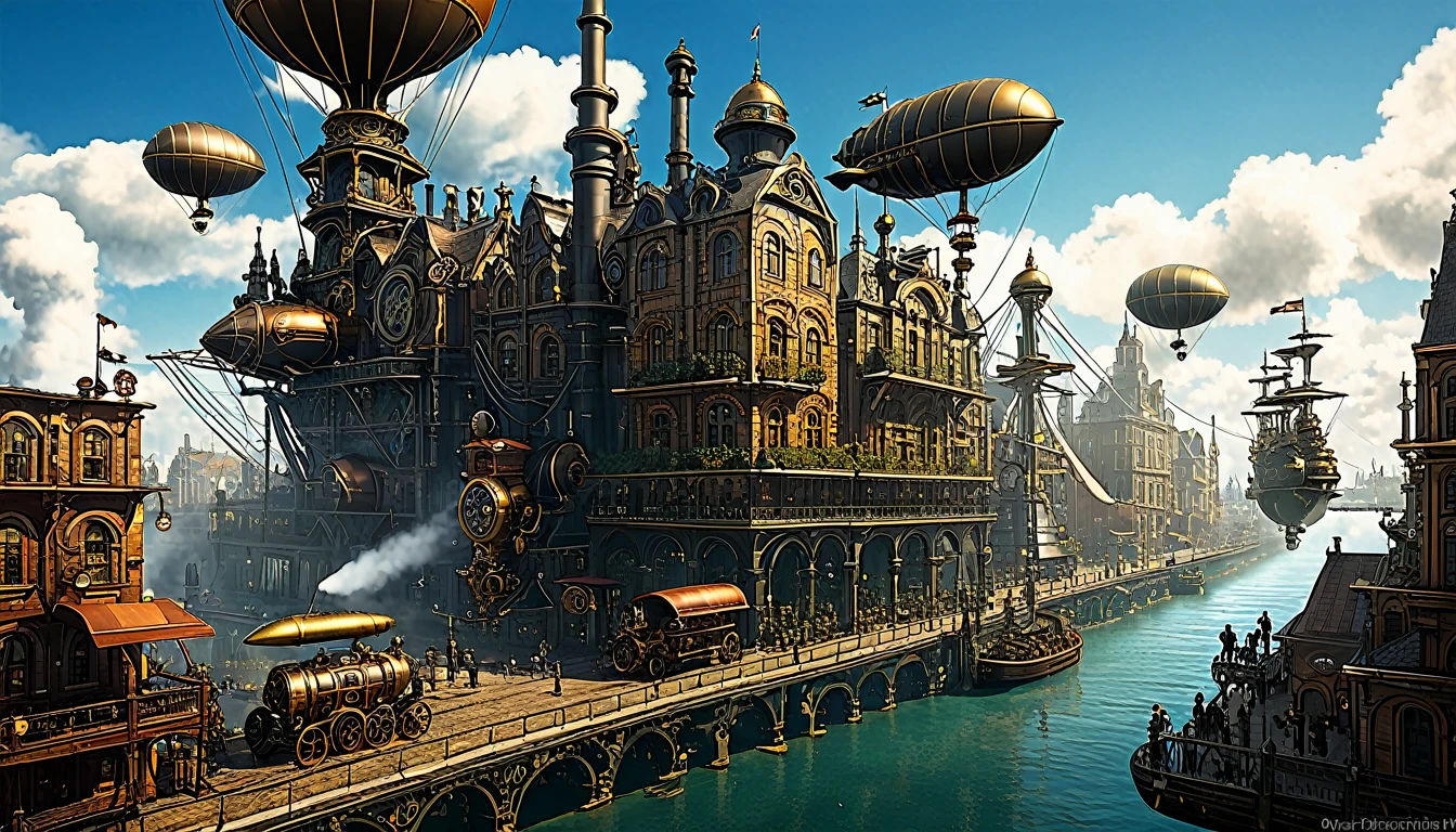 "Steampunk city with airships and steam engines"