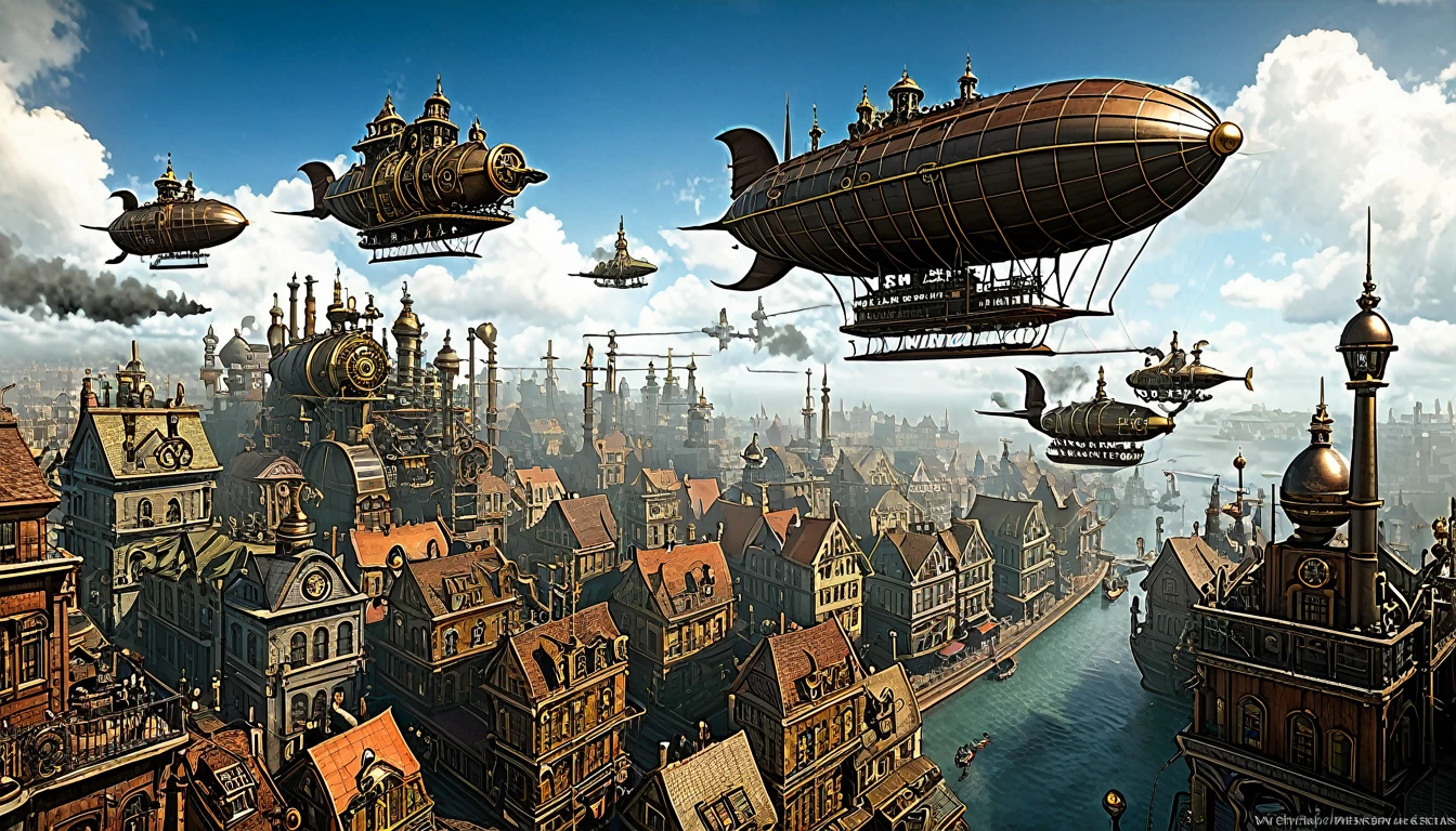 "Steampunk city with airships and steam engines"