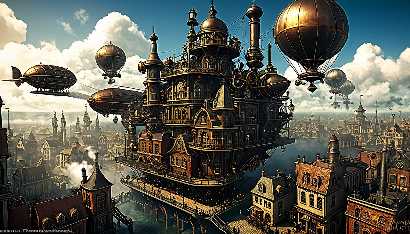 "Steampunk city with airships and steam engines"