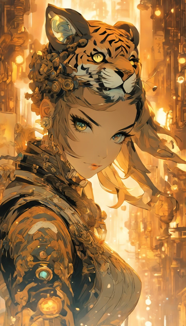 Chinese ink style,Steampunk world,Tiger-shaped steampunk warframe girl,Jet steam is suspended in the city air,Ink animation art,Ink comic art,water ink,ink,Smudge,8K,Delicately portrayed,Works of masters,Black and white tones