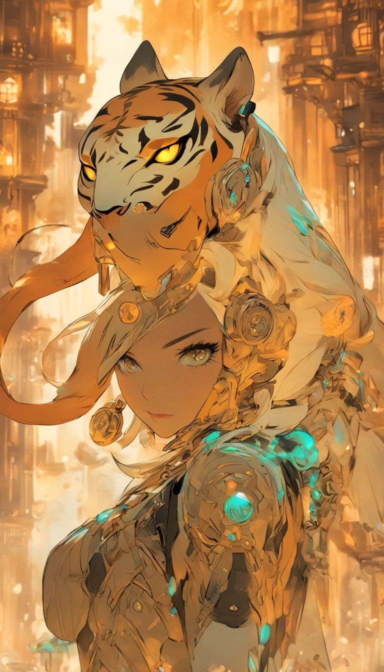 Chinese ink style,Steampunk world,Tiger-shaped steampunk warframe girl,Jet steam is suspended in the city air,Ink animation art,Ink comic art,water ink,ink,Smudge,8K,Delicately portrayed,Works of masters,Black and white tones