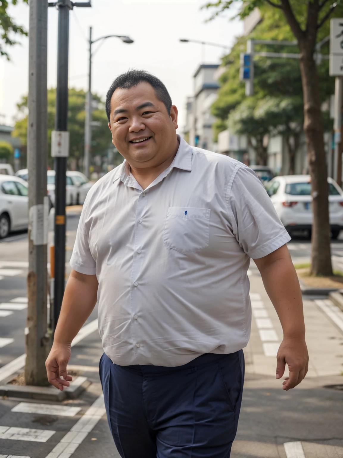 A little chubby Japanese male is 45 years old, He is a Japanese male, robust stocky body, round face, face focus, badly fitting white business shirt, Summer in Japan, grey pants, office worker, medium hair, natural nerdy hair, walking on a pedestrian cross, under the blazing sun, thick thighs, sexy, Super detail, Anatomically correct, this image was taken with a medium telephoto lens, bulgeJ8, smirking, He is looking at viewer, sweating,
