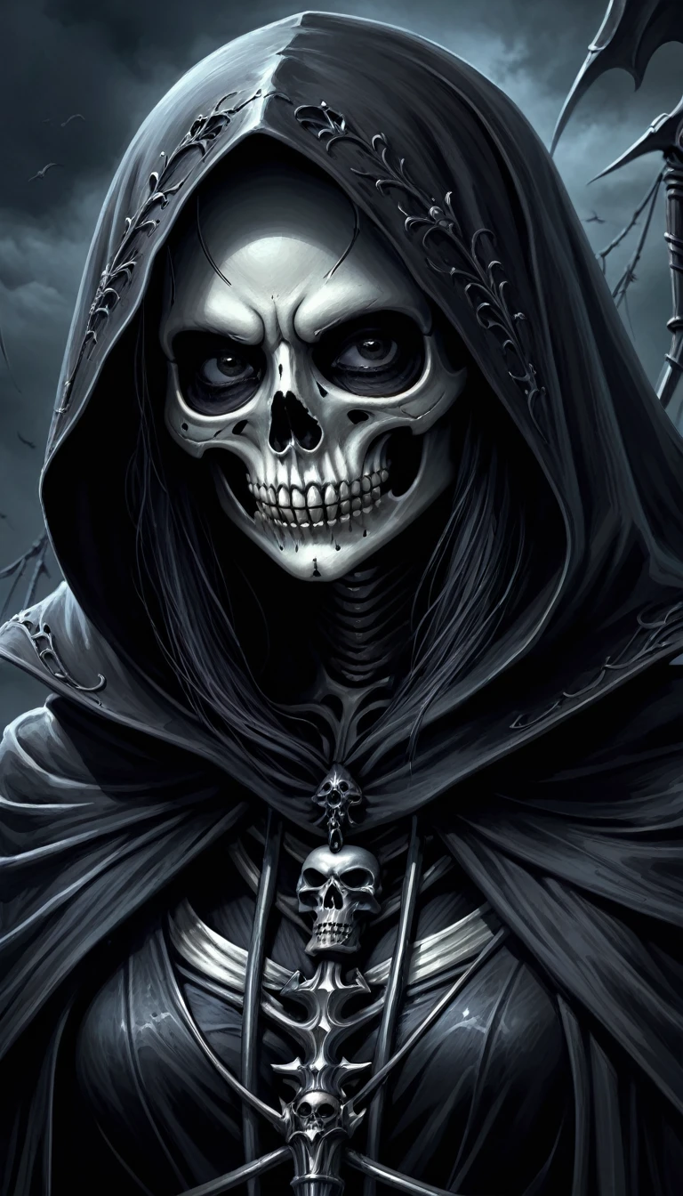 (realistic), (dark fantasy), Horror, dark and doomy, post-apocaliptic world, womans skeletona as dark and moody black grim reaper, detailed, detailed face of reaper, detailed, digital-painting,