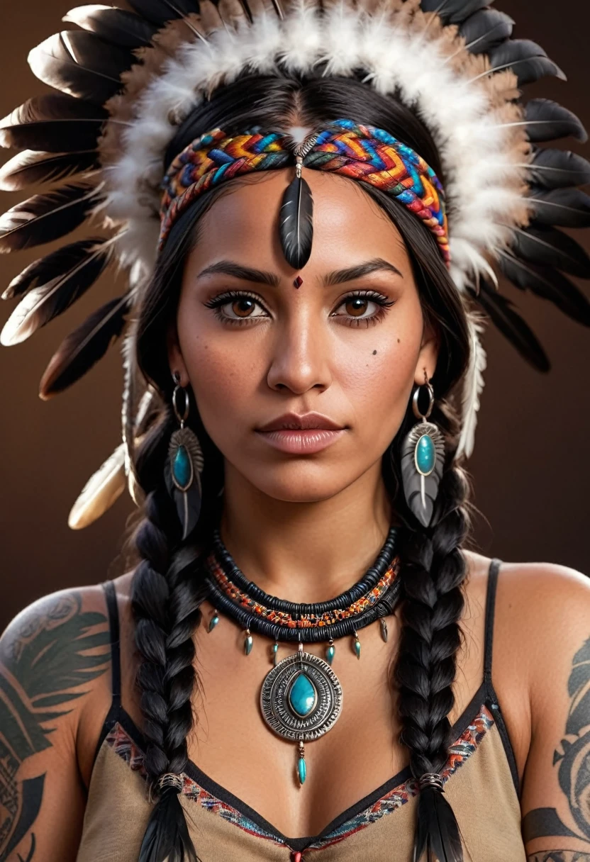 Realistic image of a woman, alone, with long hair, looking at the viewer, black hair, brown eyes, jewelry, braid, earrings, dark skin, necklace, mole, dark-skinned woman, lips, tattoo, feathers, headdress, facial tattoo, Native America, sitting on the green grass behind mountain