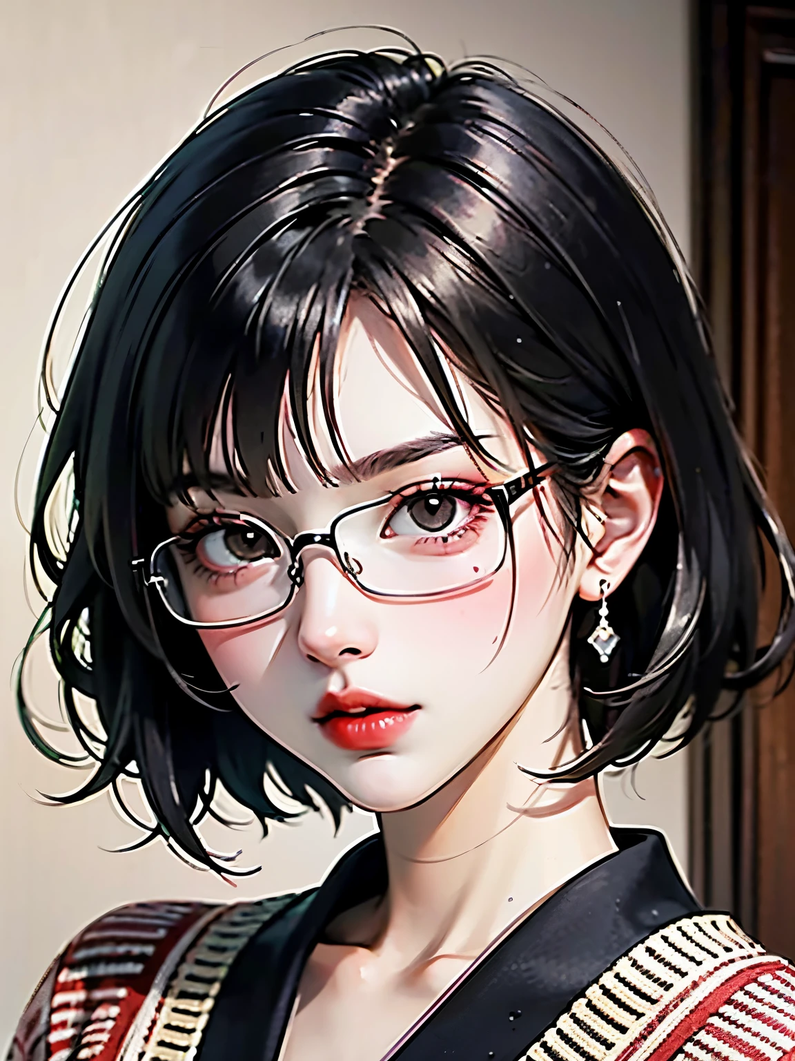 ((best quality)), ((masterpiece)), (detailed), perfect face. Black hair. Short hair. Anime girl. Asian girl. Black eyes. Glasses