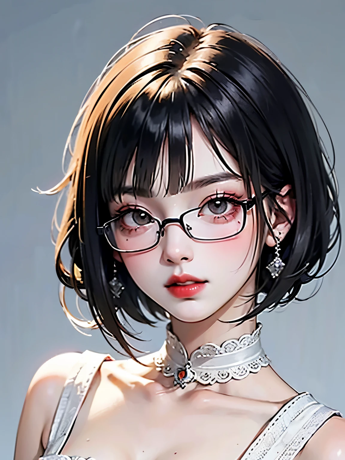 (best quality, masterpiece:1.2), simple lines, anime style, bust portrait, goth girl, huge breasts, nipples, visible areola, glasses, choker, crucifix earrings on one ear, dark background, bottom view
