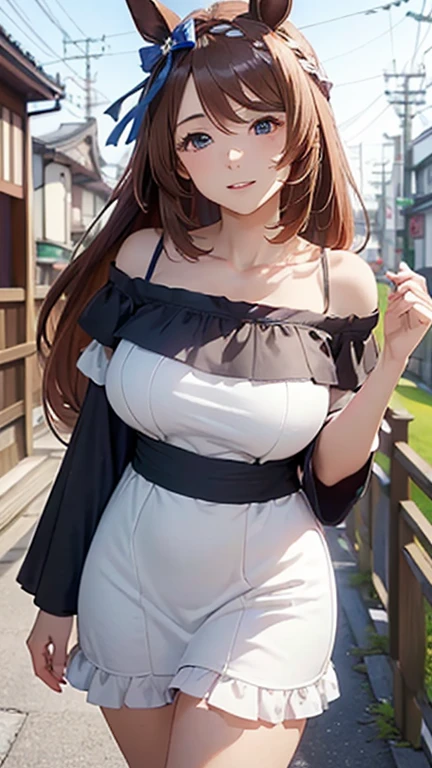 (((masterpiece))),(((High resolution)))、(((8K)))、super creek \(umamusume\)、(((perfect face)))、(((beauty of japan)))、40 years old、(((beautiful face))), (((off shoulder dress))), embarrassed look, look at the camera, (thighs)、top quality eyes, detailed texture, look at the camera, standing, big tits, plump
