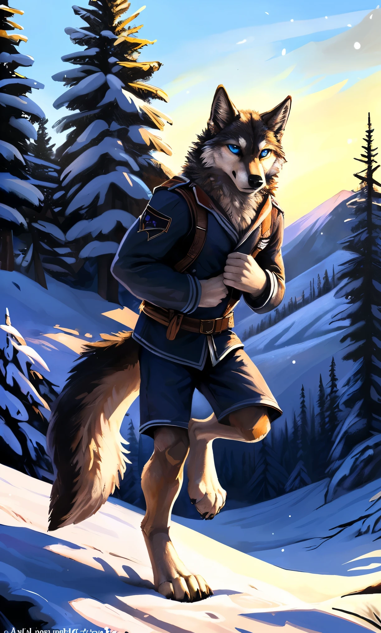 ((Solo)), male people, anthro wolf, (Multi-colored fur, White-brown:1.3，White tail pointed), (Height 2.1m,Tail length 1.2m), ((Wolf face, Big eyes, White eyelids, Blue pupil, Slim:1.2) (Tough, Calm expression:1.2)), Slim, pinging)), (Correct anatomy), (Winter clothing:1.1), The upper body  naked, (detailed outfits),A long big tail，Feet，(Realistic fur, Detailed fur texture, labeled:1.3)), (Natural lighting), Photorealistic, Hyperrealistic, ultradetailed, by Kenket，Snowfield，erect through，Running on