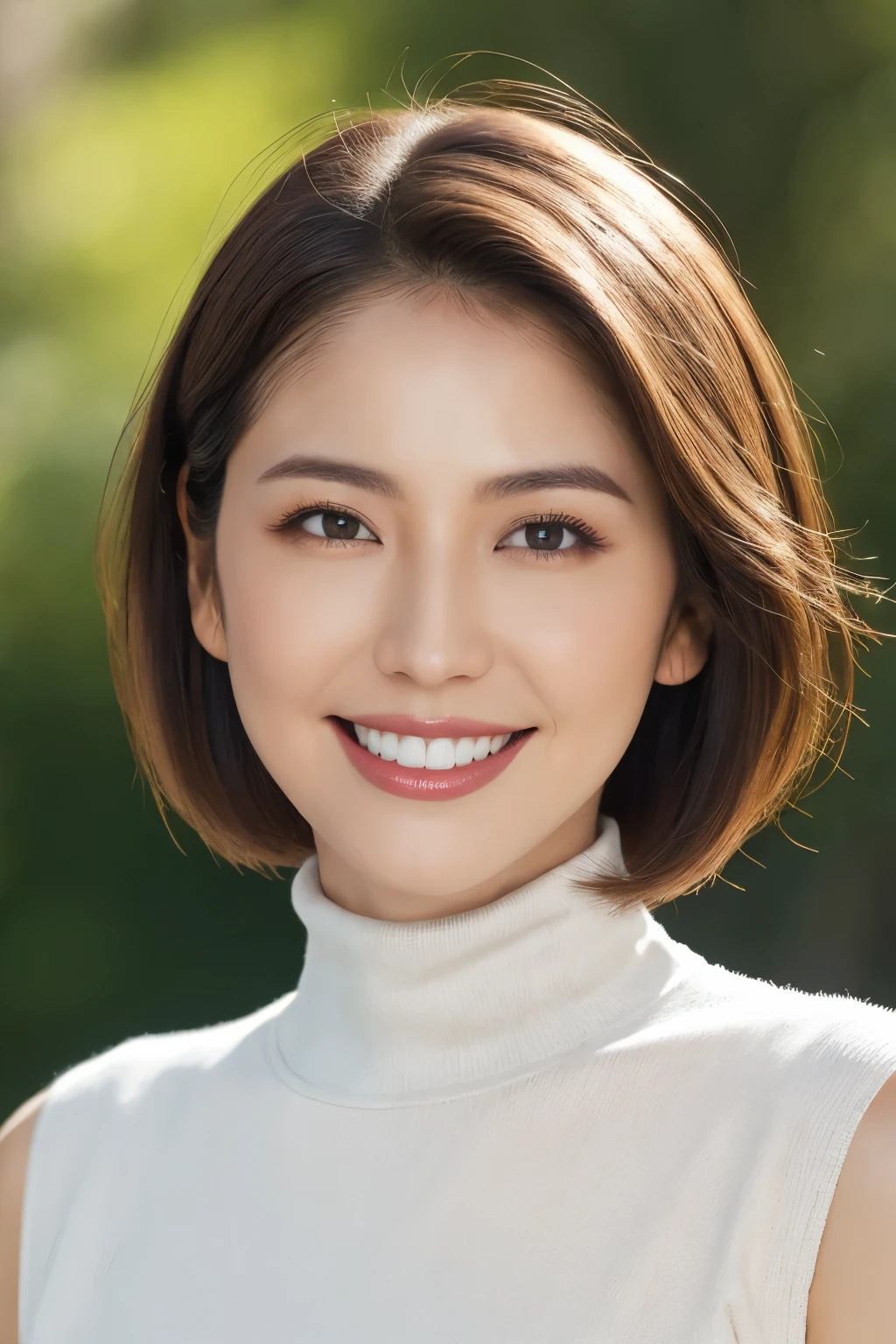 highest quality, Tabletop, 8k, Best image quality, Award-winning works, One beautiful woman, Age 25, alone, Perfect beautiful composition, Large Breasts, A tight knit that fits snugly, Accentuate your body lines, Very short hair, Perfect turtleneck sleeveless knit sweater, Look at me and smile a little, Strongly blurred accurate park background, Standing Elegantly, Droopy eyes, Natural Makeup, Ultra-high definition beauty face, Ultra HD Hair, Ultra-high definition sparkling eyes, Ultra High Resolution Perfect Teeth, Ultra-high definition, lustrous, beautiful skin, Ultra-high quality glossy lips, Accurate anatomy