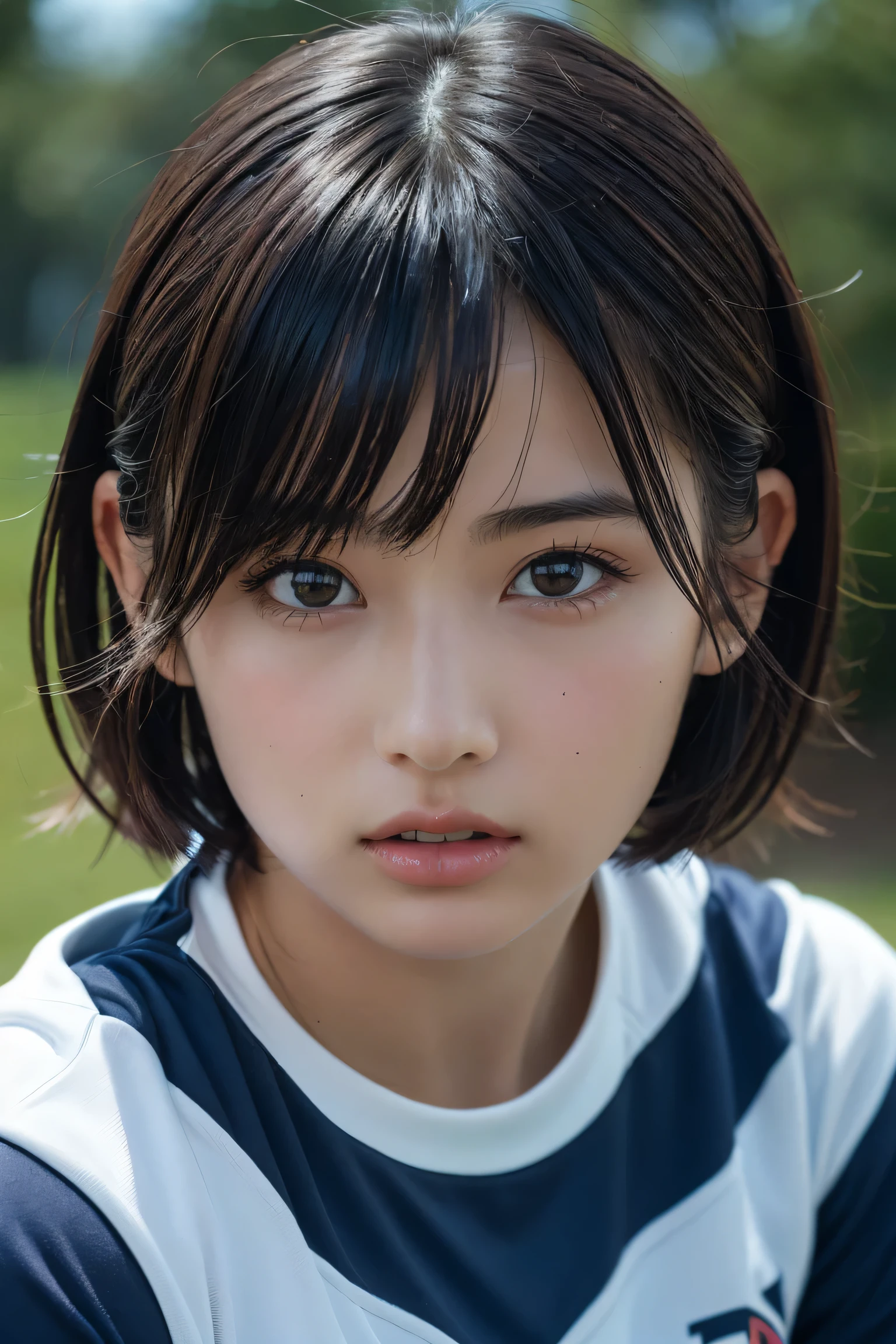 , long windblown [blue-black:.3] hair,looking at viewer, (masterpiece:1.3), (8k, photorealistic, RAW photo, best quality: 1.4), japanese, (1girl), beautiful face, (realistic face), (black hair, short hair:1.3), beautiful hairstyle, realistic eyes, beautiful detailed eyes, (realistic skin), beautiful skin, attractive, ultra high res, ultra realistic, highly detailed, golden ratio,Rugby Team - tough rugby shirts and cleats.