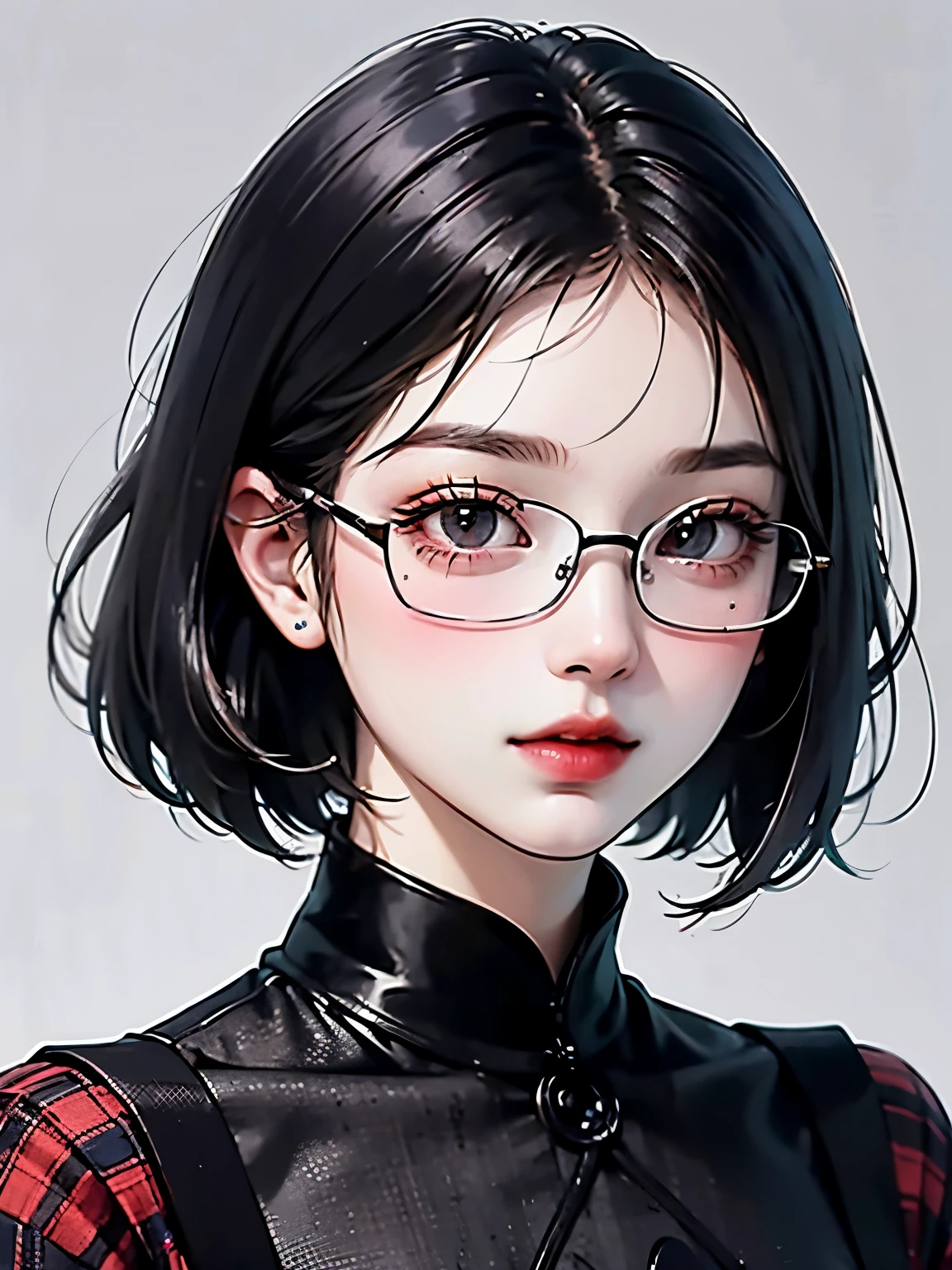 ((best quality)), ((masterpiece)), (detailed), perfect face. Black hair. Short hair. Anime girl. Asian girl. Black eyes. Glasses