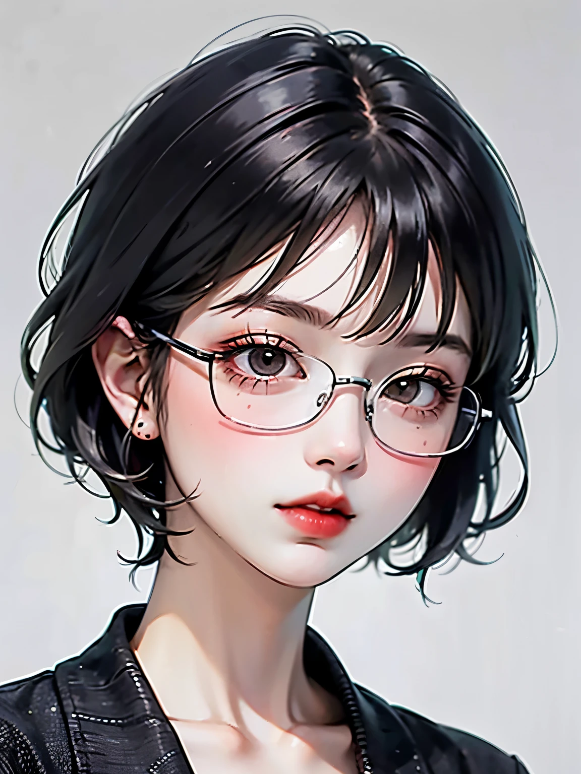 ((best quality)), ((masterpiece)), (detailed), perfect face. Black hair. Short hair. Anime girl. Asian girl. Black eyes. Glasses