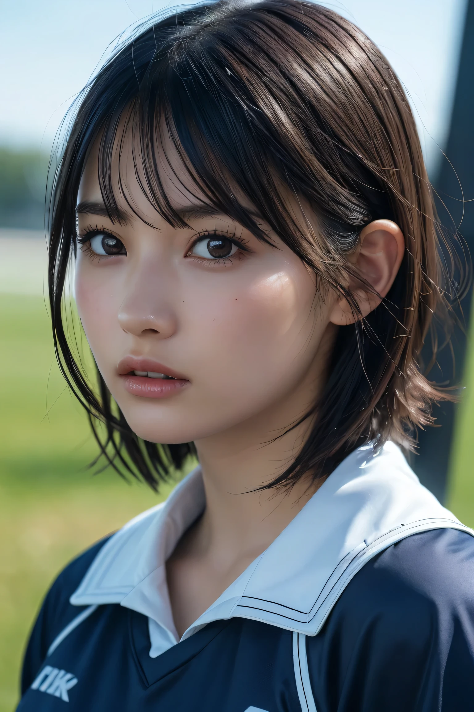 , long windblown [blue-black:.3] hair,looking at viewer, (masterpiece:1.3), (8k, photorealistic, RAW photo, best quality: 1.4), japanese, (1girl), beautiful face, (realistic face), (black hair, short hair:1.3), beautiful hairstyle, realistic eyes, beautiful detailed eyes, (realistic skin), beautiful skin, attractive, ultra high res, ultra realistic, highly detailed, golden ratio,Lacrosse Team - padded lacrosse uniforms.