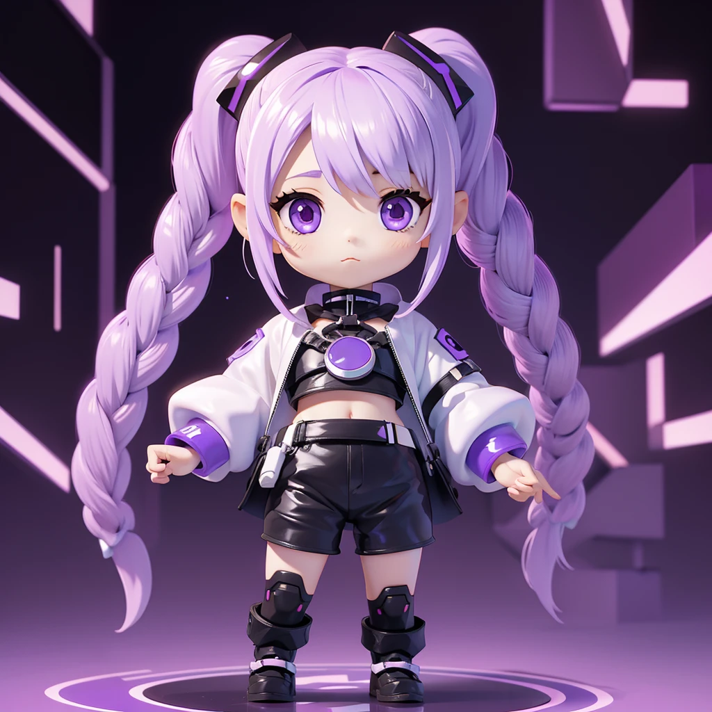 1girl.highest quality、Masterpiece、Official Art、The best composition、Chibi、cute、The hair has a milky white color on top and a purple gradation color on the bottom.、Long hair braided in two ponytails、The outfit is black cyberpunk with open sides.、3dcharacter、Figures、