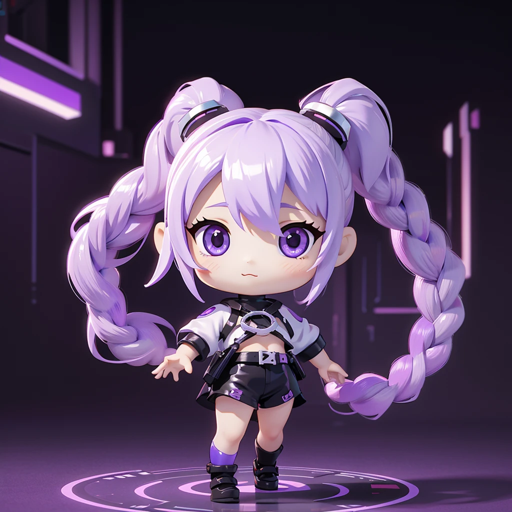 1girl.highest quality、Masterpiece、Official Art、The best composition、Chibi、cute、The hair has a milky white color on top and a purple gradation color on the bottom.、Long hair braided in two ponytails、The outfit is black cyberpunk with open sides.、3dcharacter、Figures、