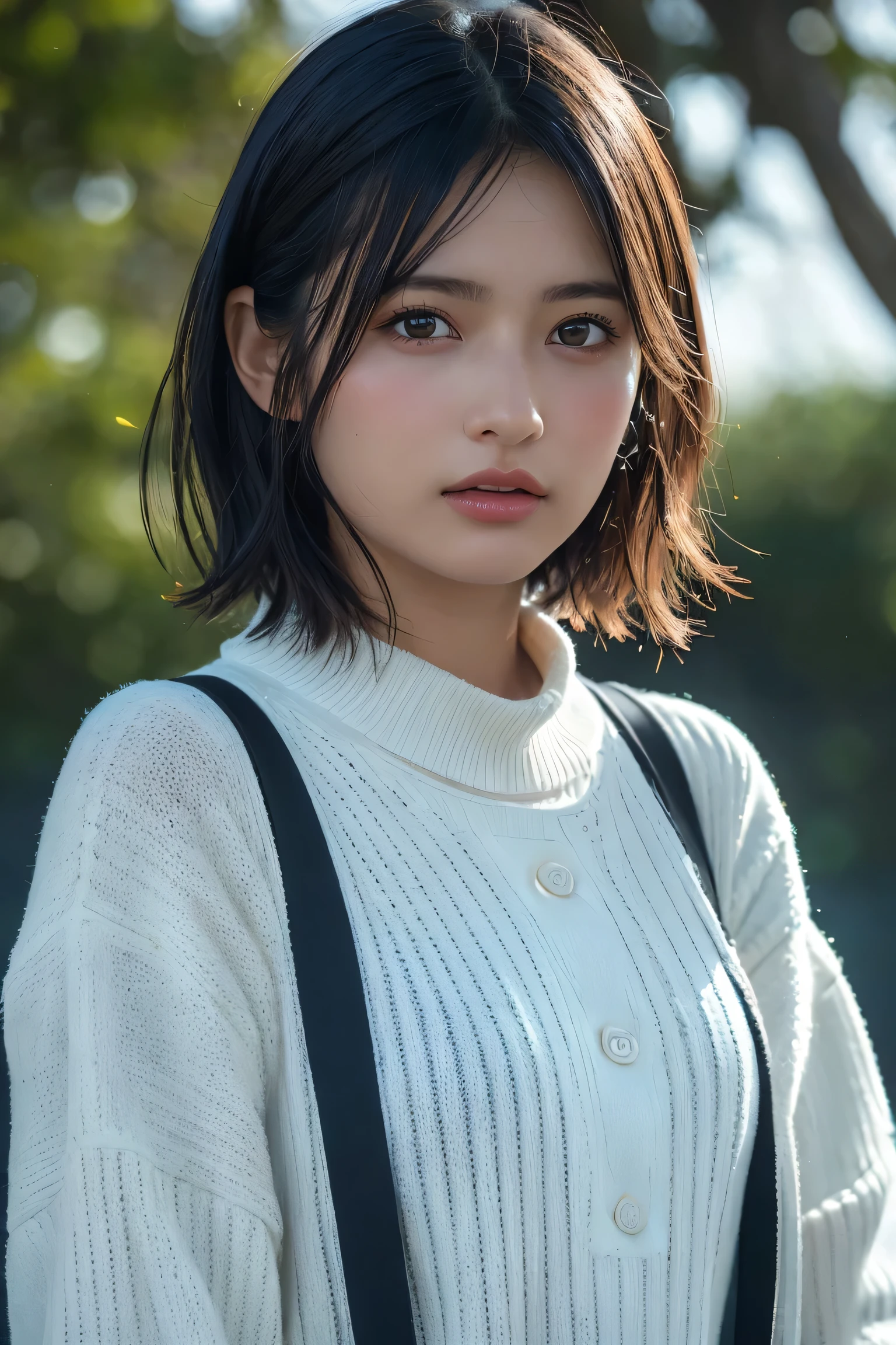 , long windblown [blue-black:.3] hair,looking at viewer, (masterpiece:1.3), (8k, photorealistic, RAW photo, best quality: 1.4), japanese, (1girl), beautiful face, (realistic face), (black hair, short hair:1.3), beautiful hairstyle, realistic eyes, beautiful detailed eyes, (realistic skin), beautiful skin, attractive, ultra high res, ultra realistic, highly detailed, golden ratio,Cricket Team - traditional cricket whites and sweaters.