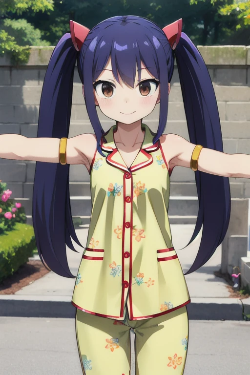 masterpiece, highest quality, High resolution, Arwendy, Long Hair, Twin tails, hair ornaments, Exposing shoulders,
pajamas,Bracelet, bracelet, Outdoor, outstretched arms, Cowboy Shot, smile,