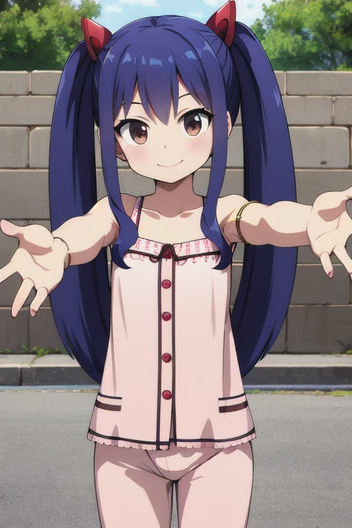 masterpiece, highest quality, High resolution, Arwendy, Long Hair, Twin tails, hair ornaments, Exposing shoulders,
pajamas,Bracelet, bracelet, Outdoor, outstretched arms, Cowboy Shot, smile,
