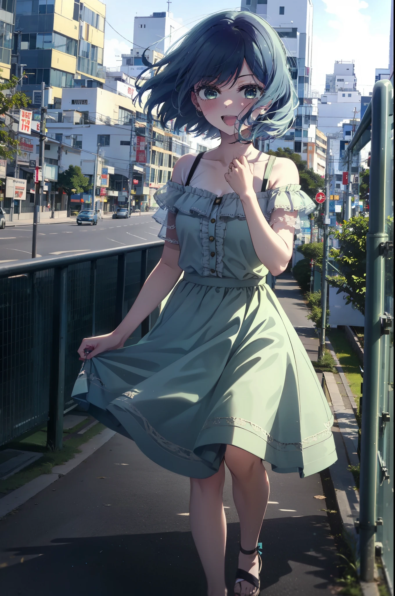akanekurokawa, akane kurokawa, bangs, (Green Eyes:1.3), Blue Hair, Medium Hair, dark Blue Hair,smile, smile, Open your mouth,Off-the-shoulder blue dress,Exposing shoulders,bare clavicle,Bare neck,Bare arms,blue long skirt,Cute heeled sandals,Real Summer,Daytime,sunny,My hair is blowing in the wind,whole bodyがイラストに入るように,Looking down from above,
break outdoors, city,海岸通り
break looking at viewer, whole body,
break (masterpiece:1.2), highest quality, High resolution, unity 8k wallpaper, (shape:0.8), (Beautiful details:1.6), Highly detailed face, Perfect lighting, Extremely detailed CG, (Perfect hands, Perfect Anatomy),