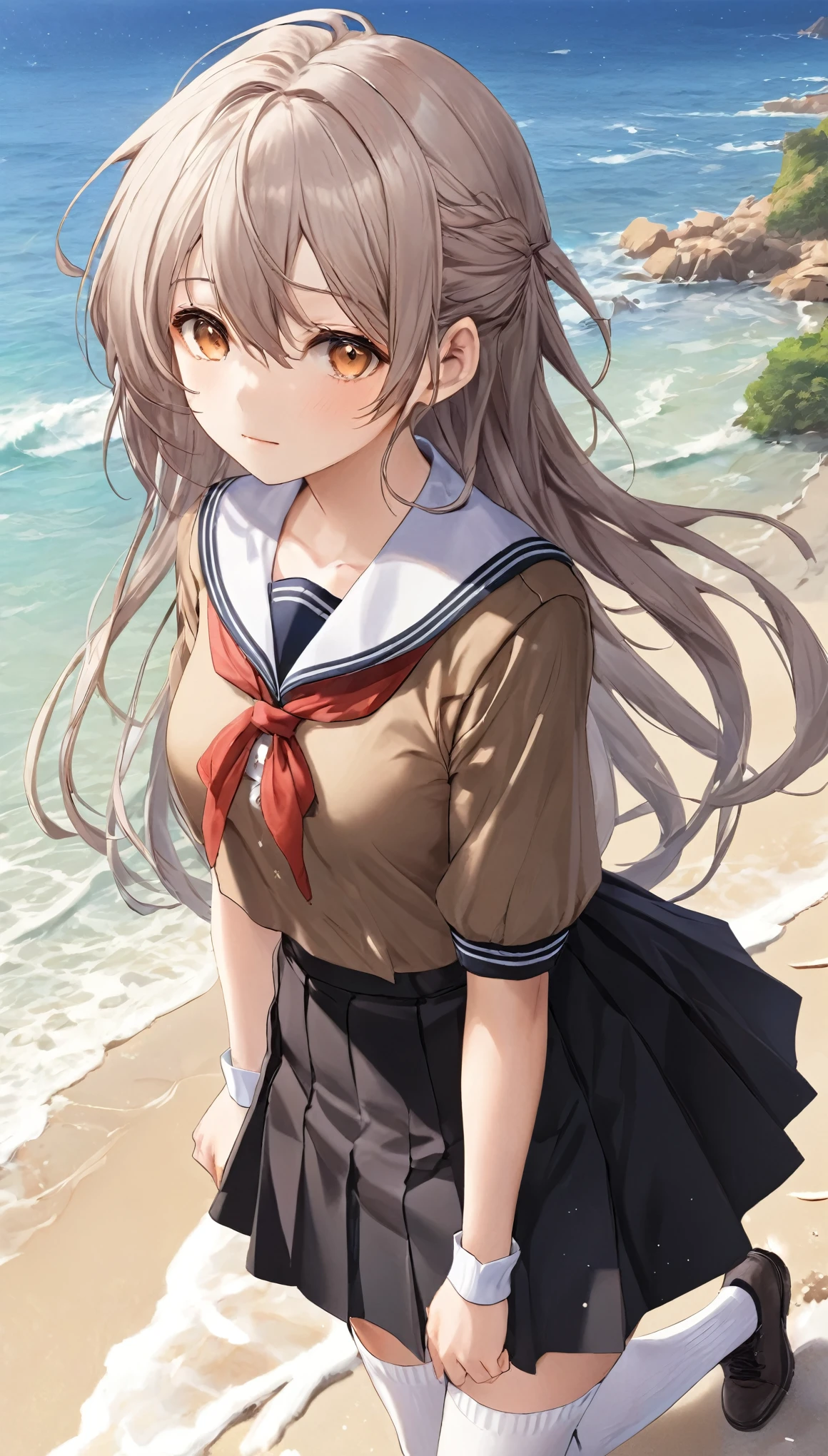 ((masterpiece)), ((highest quality)), ((High resolution)), ((Highly detailed CG Unity 8k wallpaper)), alone, tachibana kanade, Brown uniform, Black Skirt, White socks, Outdoor, face, Beach, Hanging hair, Parted hair, Silver Hair