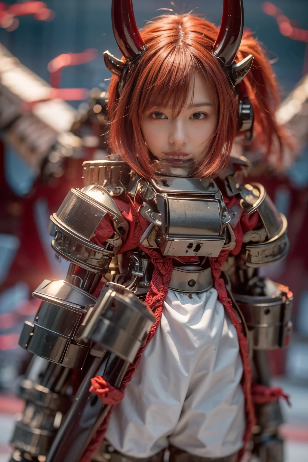 blindbox, (masterpiece, best quality:1.2), (8k uhd, 16k, 32k, ultra high res), (photorealistic:1.37), (RAW photo), ultimate-realistic, ultimate-realistic details, ultimate-realistic texture, ultimate-intricate details, ultimate-realistic lighting, ultimate-realistic shadow, japanese girl, ultimately cute face, ultimate-RAW skin, ultimate-realistic eyes, (mechanical armor:1.4), (full body), wide shot, Evil organization, demons, horns, bat wings, red hair, bob cut, mechanical armor, reddish-black skin, red eyes, flying with Satanic castle in background