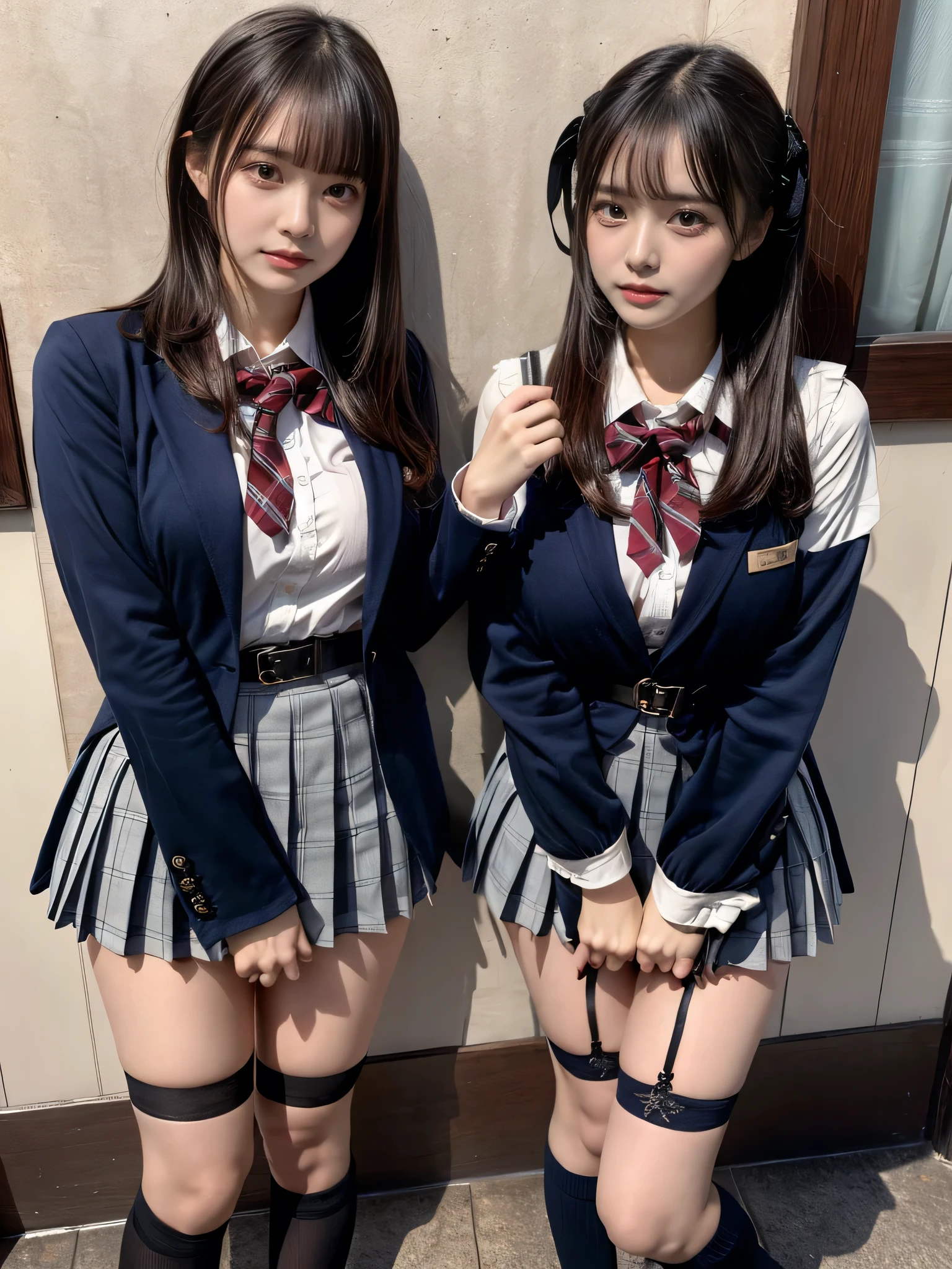 (8K, Raw photography, top-quality, masterpiece:1.2), muster piece, best quality, illustration, Super detailed, fine details, High resolution, 8K,wall paper, perfect dynamic composition,(Details High quality, realistic depiction of eyes:1.3), ((2 girls, 2 schoolgirls)), The background is a luxury hotel room、High school girl uniform、blazer 、Super Short Check Uniform Skirt、Navy blue high socks、garterbelts、Colossal tits、Disturbed uniform, Play with each other,Touching each other's bodies,Touching the body of the girl next door, short bob hair, black hair color, huge breasts, Big Natural Color Lip, bold sexy pose, (perfect body shape), crying a little、cold gaze, Harajuku style、Beautiful makeup,glitter makeup,Cutest 18 years old、 beautiful legs, hposing Gravure Idol, Voluptuous thighs