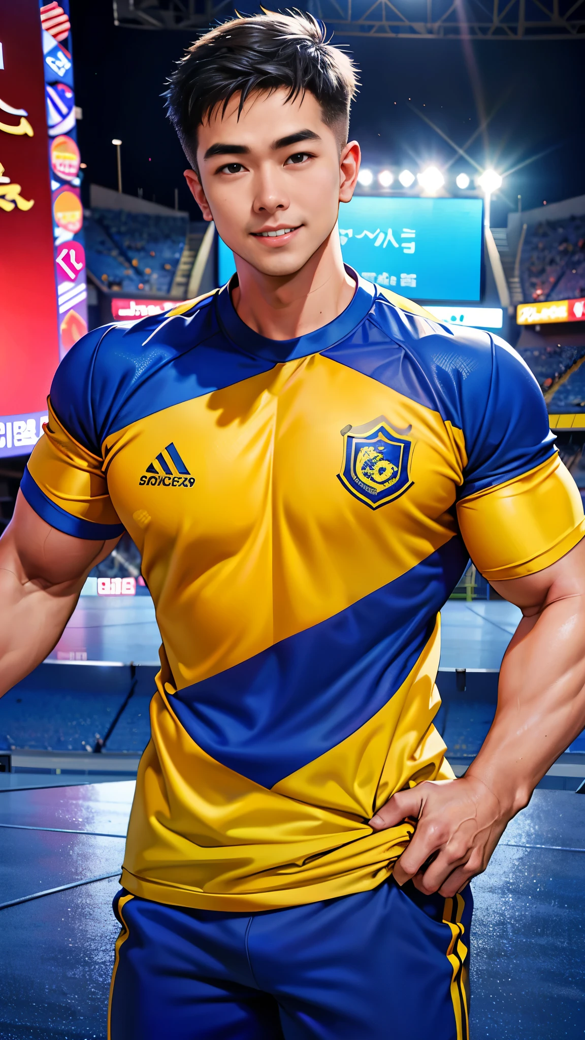 1 man, smile, (Wear blue and yellow clothes., round neck, short sleeve football shirt.), Navy cargo pants, Korean guy , korean men, (High gloss details), chest muscles, Big arm muscles, blood vessel, big muscles, Broad shoulders, looking at the audience, Balancing the eyes, (Make eye contact), sports stadium, football