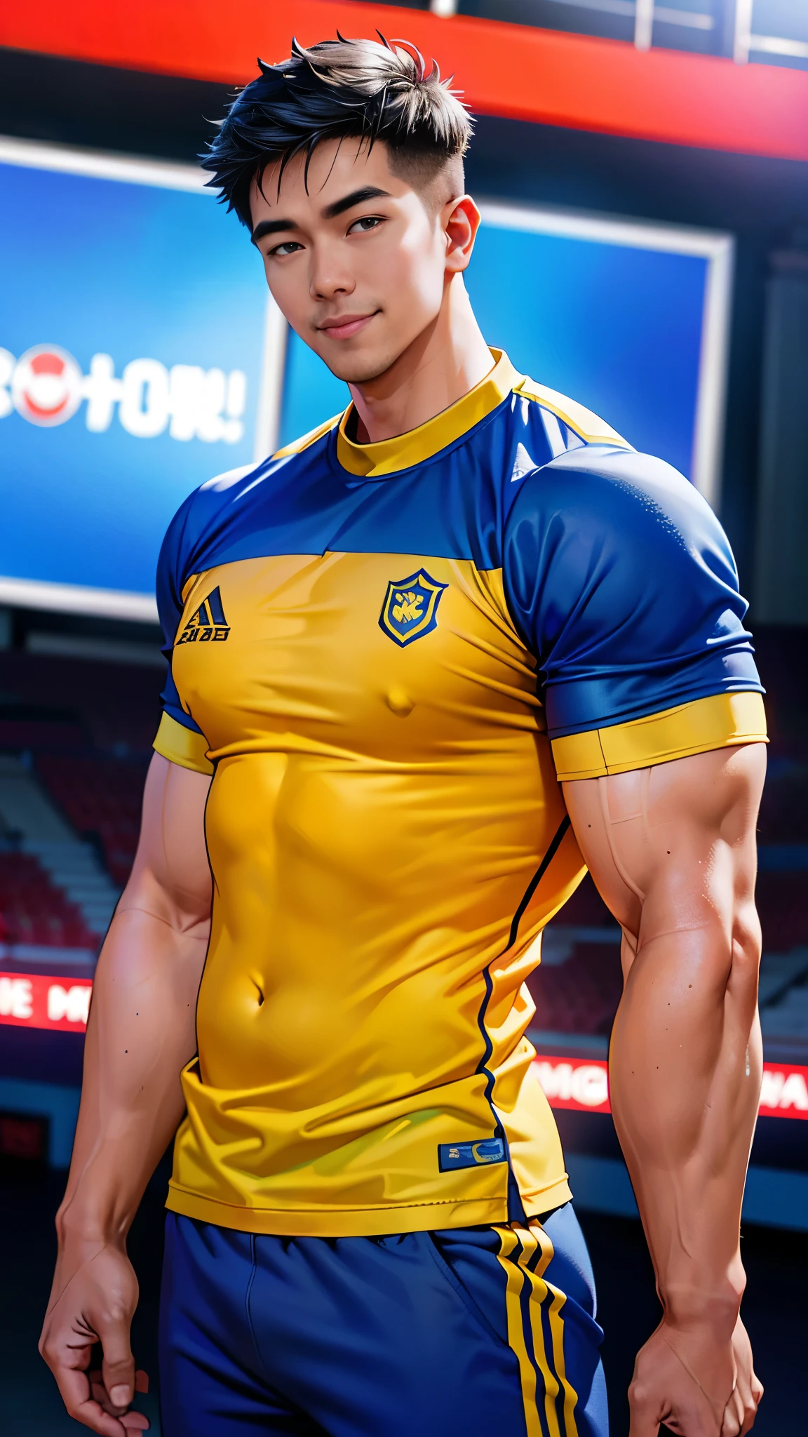 1 man, smile, (Wear blue and yellow clothes., round neck, short sleeve football shirt.), Navy cargo pants, Korean guy , korean men, (High gloss details), chest muscles, Big arm muscles, blood vessel, big muscles, Broad shoulders, looking at the audience, Balancing the eyes, (Make eye contact), sports stadium, football