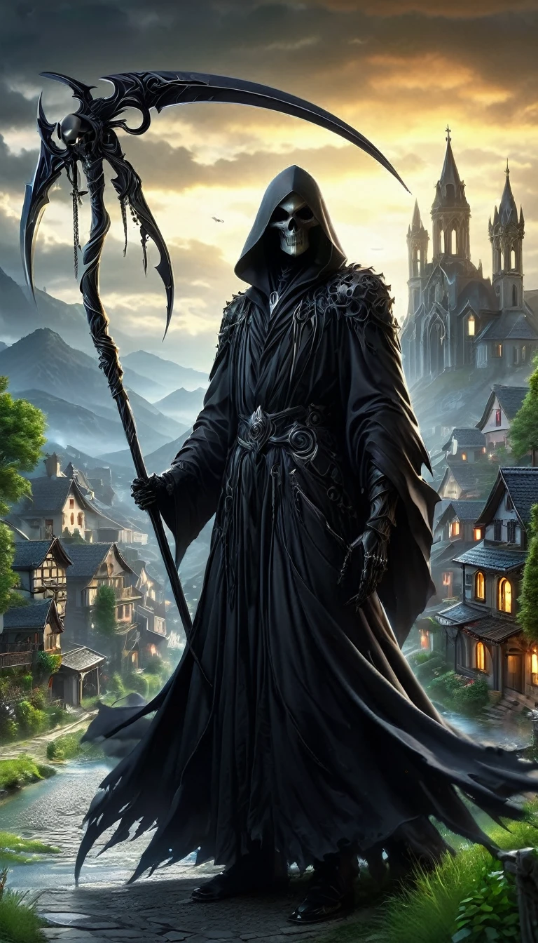 highres,ultra-detailed,realistic,landscape,small city in mountain valley,colorful houses,serene river,green trees,twisting roads,peaceful atmosphere,beautiful sunset,black grim reaper standing tall,pointing with (great death scythe:1.2) to city ,ominous presence,billowing black cloak,striking contrast,dark clouds looming above,dramatic lighting,city's inhabitants unaware,contrast between life and death.