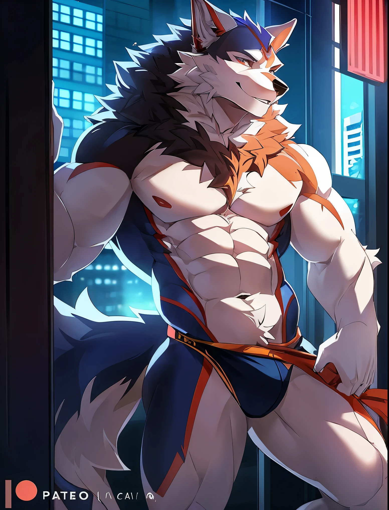 ((Solo)), male people, anthro wolf, (Multi-colored fur, White tail pointed), (Height 3meters,Tail length 2meters), Abs, pinginuscular, A long big tail, by patto, modern city