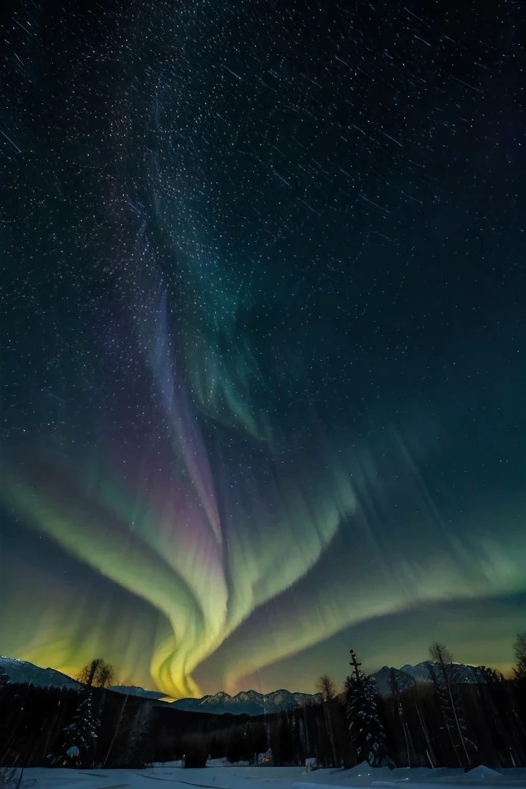 Night sky, aurora, beautiful stars, snow plain