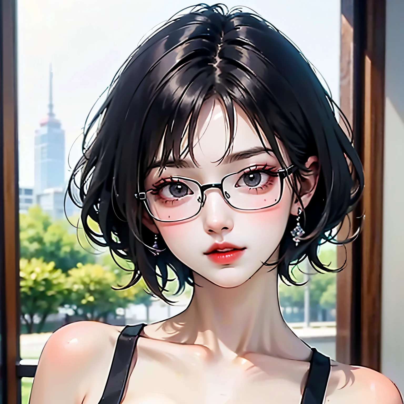 ((best quality)), ((masterpiece)), (detailed), perfect face. Black hair. Short hair. Anime girl. Asian girl. Black eyes. Glasses. V neck.