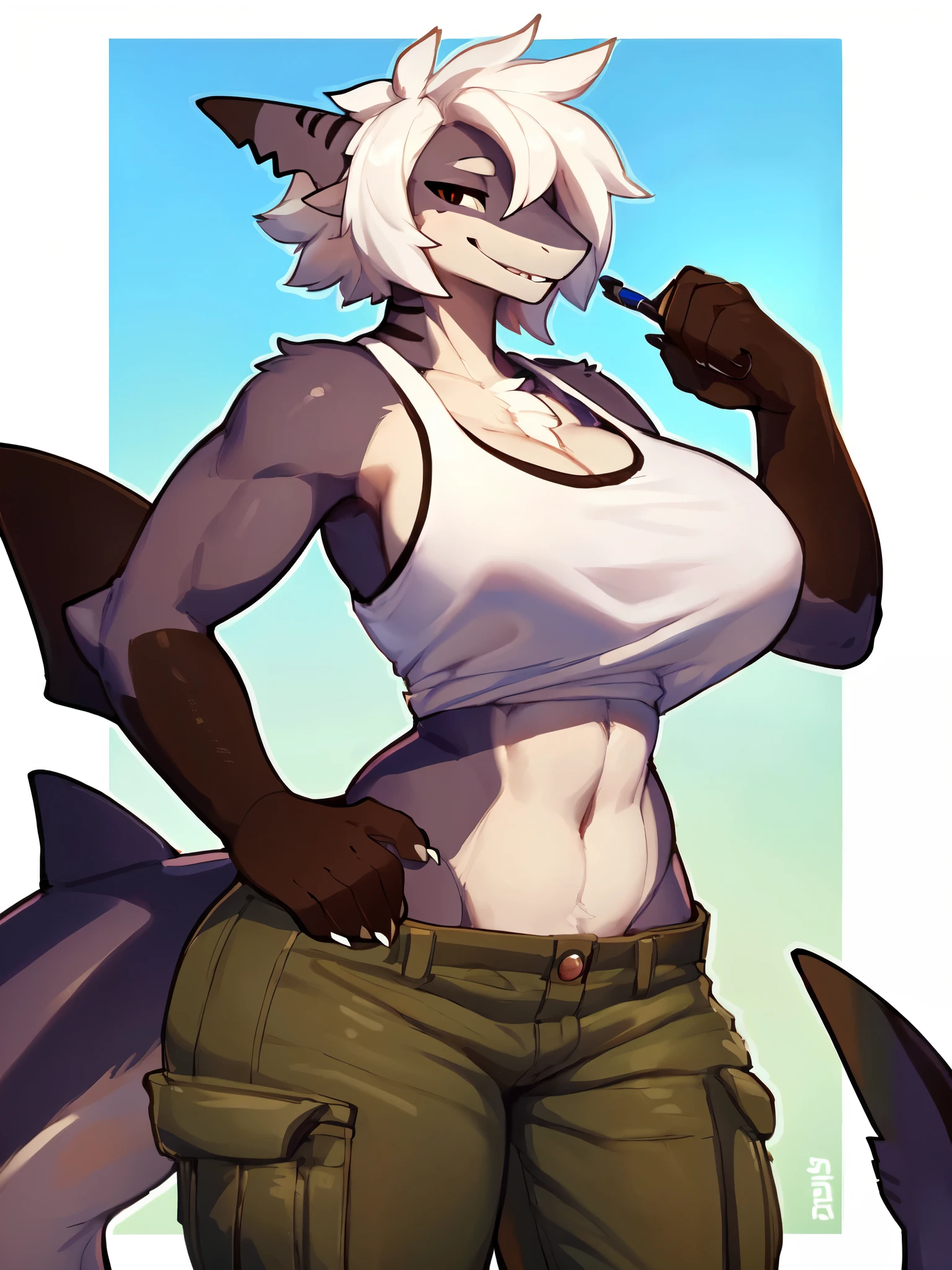 Score_9, score_8, score_7, kemono style, a cute gray anthro shark girl, animal ears,  sharp teeth, grinning, cocky smile, green eyes, short white hair, naked, athletic body, Grey body, wearing purple Hawaiian shirt, cut off jean short shorts, aviator sunglasses, lifting her sunglasses off her face, 