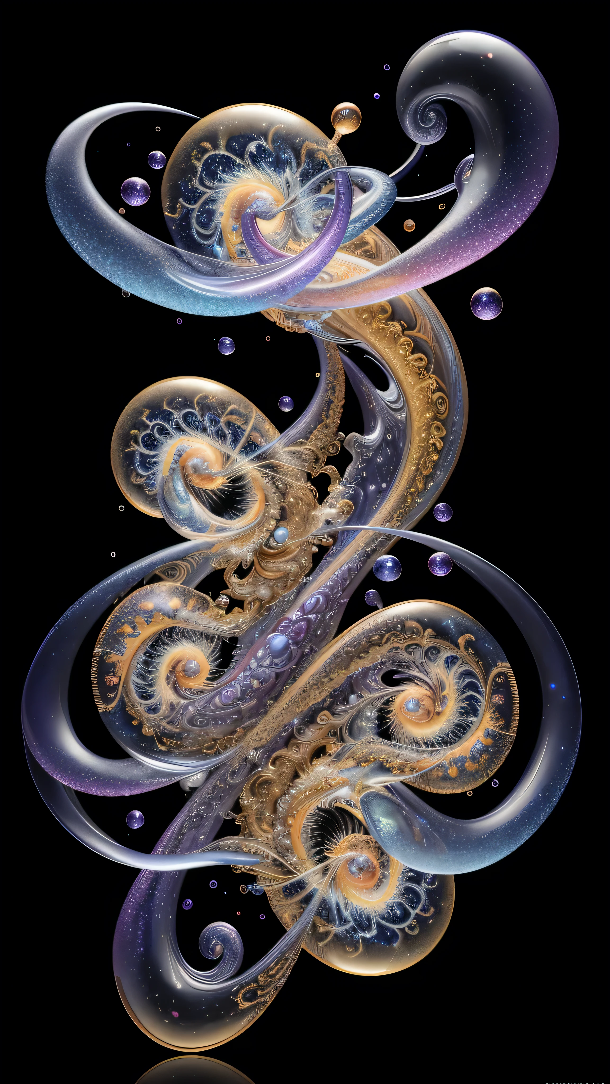 Masterpiece, Official Art, Highly Detailed CG, Professional Photography, Sharp Focus, HDR, Intricate Details, Refined Detail, (8K, Top Quality, Masterpiece, Ultra High Resolution: 1.2), Photorealistic, Galaxy Dramatic 3D rendering of swirls, swirls, fractal art bubbles + soap bubbles, fractal lures, pendulums, paint drips, splattered colors, professional photography, studio quality, background is space, stars swimming,