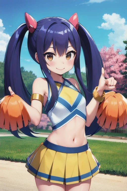 masterpiece, highest quality, High resolution, Arwendy, Long Hair, Twin tails, hair ornaments, Exposing shoulders,
cheerleader,Bracelet, bracelet, Outdoor, thumbs up, Cowboy Shot, smile,