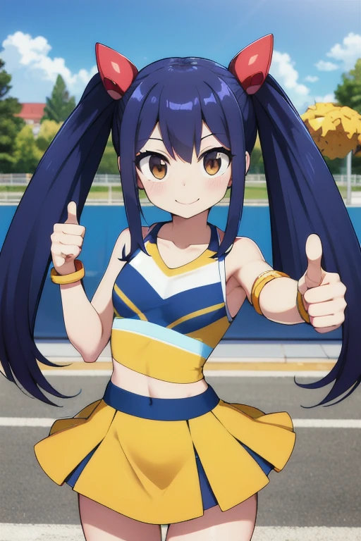 masterpiece, highest quality, High resolution, Arwendy, Long Hair, Twin tails, hair ornaments, Exposing shoulders,
cheerleader,Bracelet, bracelet, at home, Cowboy Shot, smile,