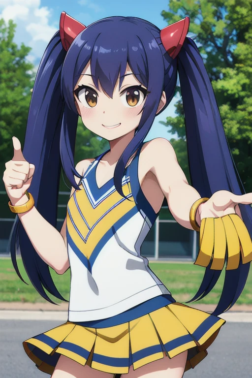 masterpiece, highest quality, High resolution, Arwendy, Long Hair, Twin tails, hair ornaments, Exposing shoulders,
cheerleader,Bracelet, bracelet, Outdoor, thumbs up, Cowboy Shot, smile,