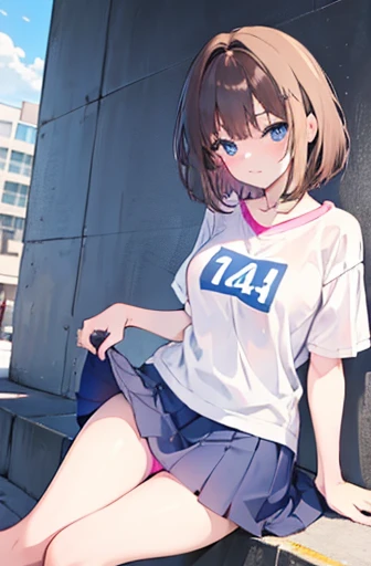 1girl, anime, cute, , skirt, plain white t-shirt, short brown hair, blue eyes, city, siting, flirting with camera, pulling up skirt, pink panty, ultra sharp, 8k masterpiece, high contrast