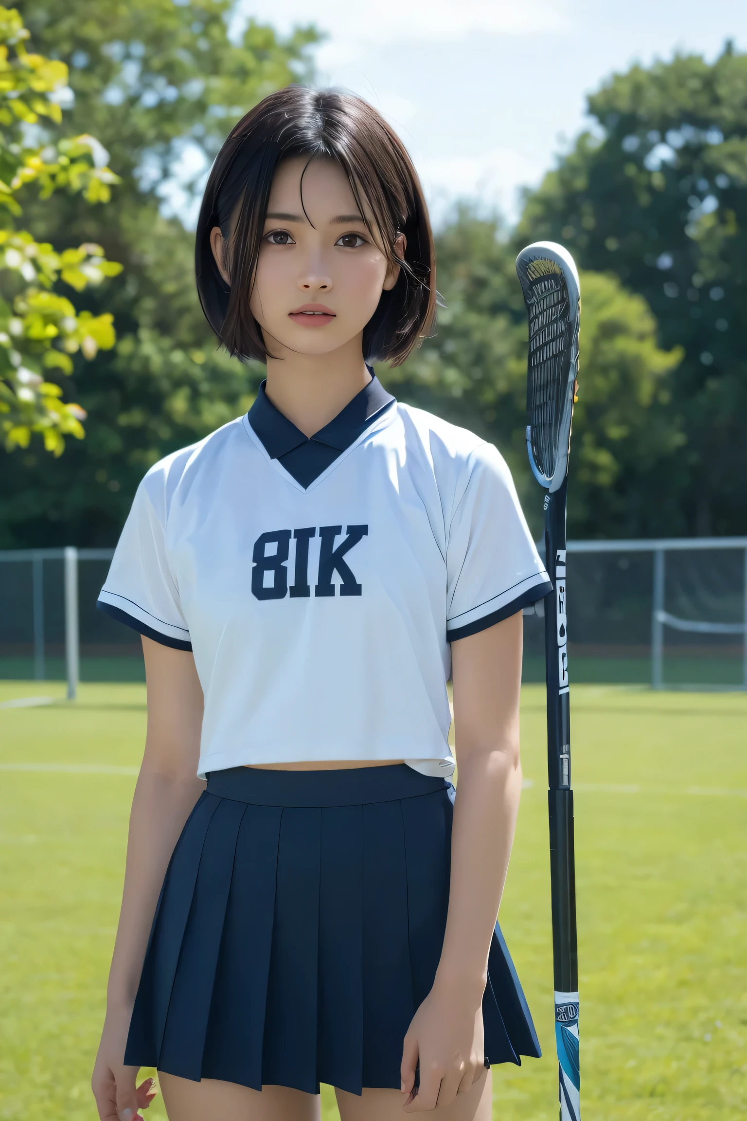, long windblown [blue-black:.3] hair,looking at viewer, (masterpiece:1.3), (8k, photorealistic, RAW photo, best quality: 1.4), japanese, (1girl), beautiful face, (realistic face), (black hair, short hair:1.3), beautiful hairstyle, realistic eyes, beautiful detailed eyes, (realistic skin), beautiful skin, attractive, ultra high res, ultra realistic, highly detailed, Field Hockey Team - field hockey skirts and tops.