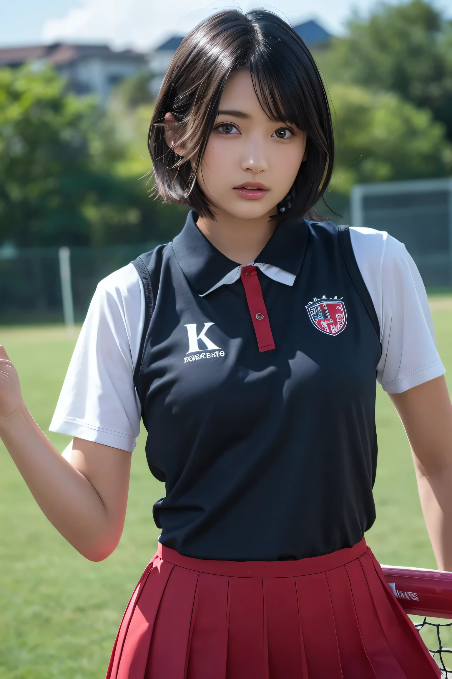 , long windblown [blue-black:.3] hair,looking at viewer, (masterpiece:1.3), (8k, photorealistic, RAW photo, best quality: 1.4), japanese, (1girl), beautiful face, (realistic face), (black hair, short hair:1.3), beautiful hairstyle, realistic eyes, beautiful detailed eyes, (realistic skin), beautiful skin, attractive, ultra high res, ultra realistic, highly detailed, Field Hockey Team - field hockey skirts and tops.
