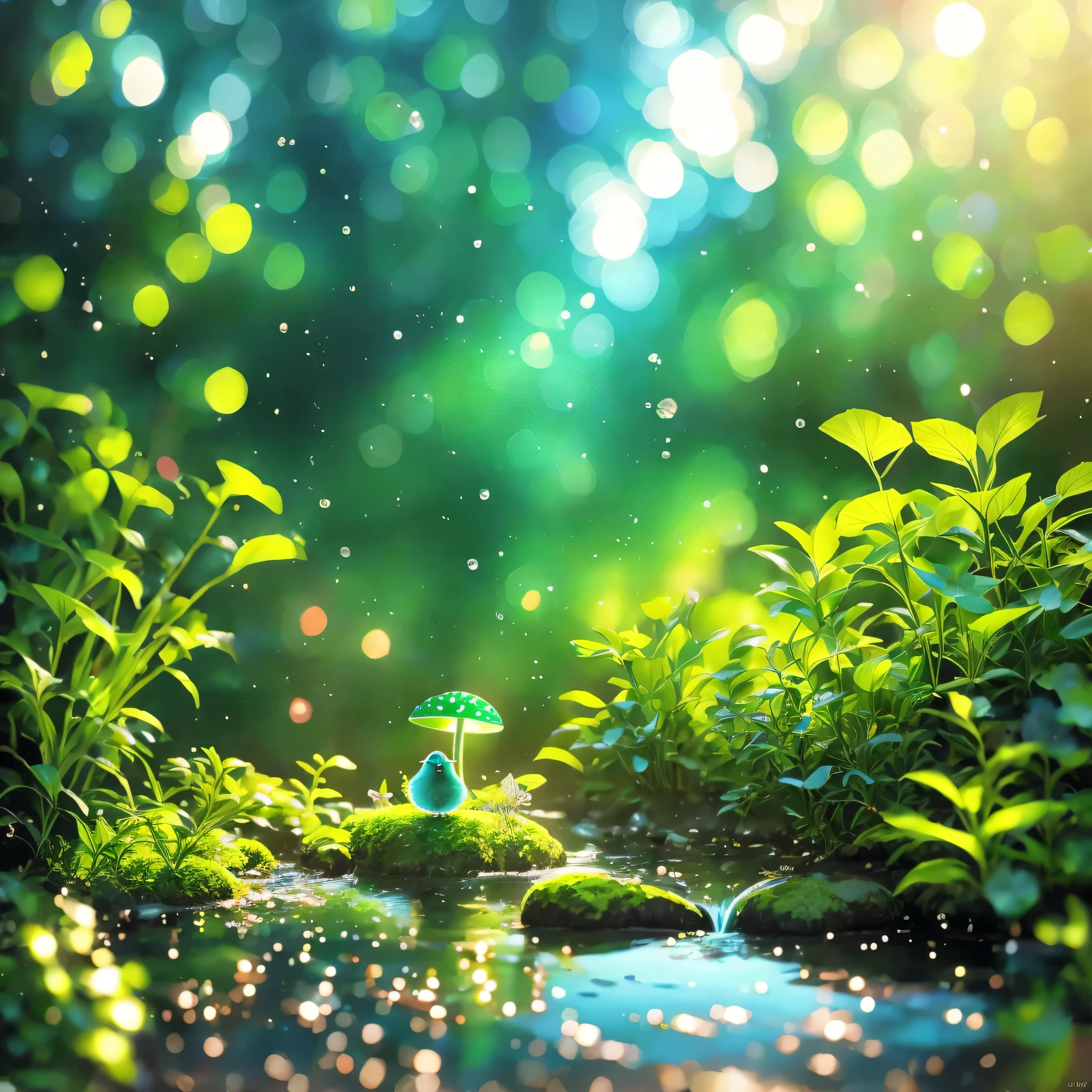 masterpiece, Macro photo of a bird drinking water in the forest, evening, mushroom, Dew Drops, High Contrast, Studio Ghibli style, Very complex, Very detailed, Photorealistic Style