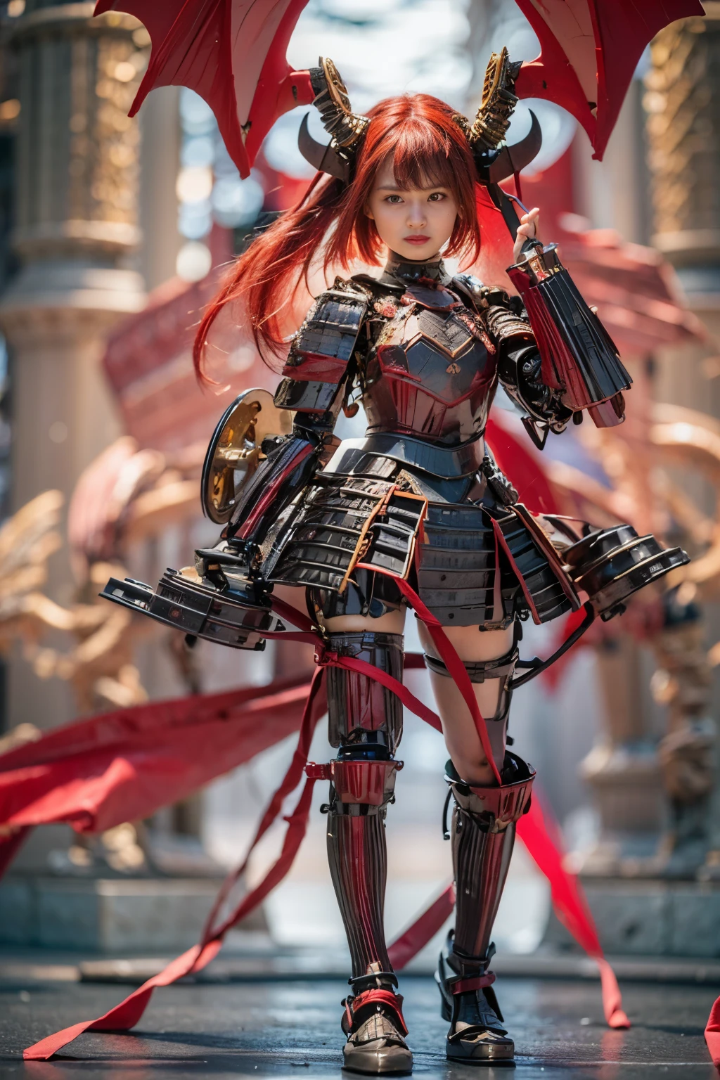 blindbox, (masterpiece, best quality:1.2), (8k uhd, 16k, 32k, ultra high res), (photorealistic:1.37), (RAW photo), ultimate-realistic, ultimate-realistic details, ultimate-realistic texture, ultimate-intricate details, ultimate-realistic lighting, ultimate-realistic shadow, japanese girl, ultimately cute face, ultimate-RAW skin, ultimate-realistic eyes, (mechanical armor:1.4), (full body), wide shot, Evil organization, demons, horns, bat wings, red hair, bob cut, mechanical armor, reddish-black skin, red eyes, flying with Satanic castle in background