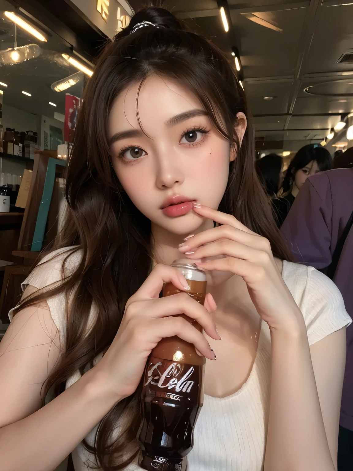 (8k, RAW photo, best quality, masterpiece:1.2), (realistic, super-realistic:1.4), (extremely detailed CG unity 8k wallpaper), a young woman, long brown haired, Douyin, Ulzzang, lying silkworm, pink lips, eyebrows, blush, eyelashes, selfie on the mirror, hold cola bottle, drink cola, on the cafe, perfect body, full body, white top, (wavy hair, high ponytail: 1.4), (perfect fingers)