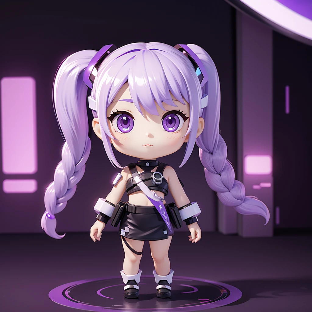 1girl.highest quality、Masterpiece、Official Art、The best composition、Chibi、cute、The hair has a milky white color on top and a purple gradation color on the bottom.、Long hair braided in two ponytails、The outfit is black cyberpunk with open sides.、3dcharacter、Figures、