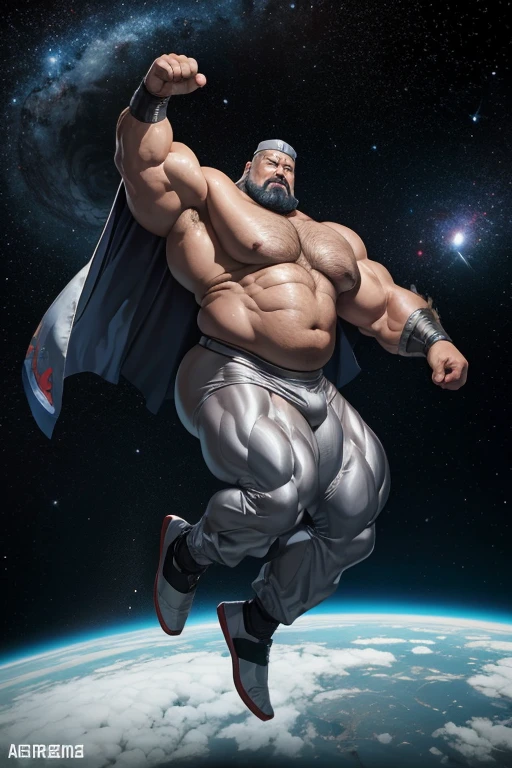  old korean samurai superhero jumping in the air angry gray hair super heavy bodybuilder flexing his muscles A full body obese bodybuilder with a very sweaty body An extremely muscular and extremely fat old man over 70 years old weighing over 600 pounds Very muscular and very hairy with large sagging pecs with dark nipples and gynecomastia floating in outer space with a nebula in the background wearing a very tight silver latex suit with a silver cape