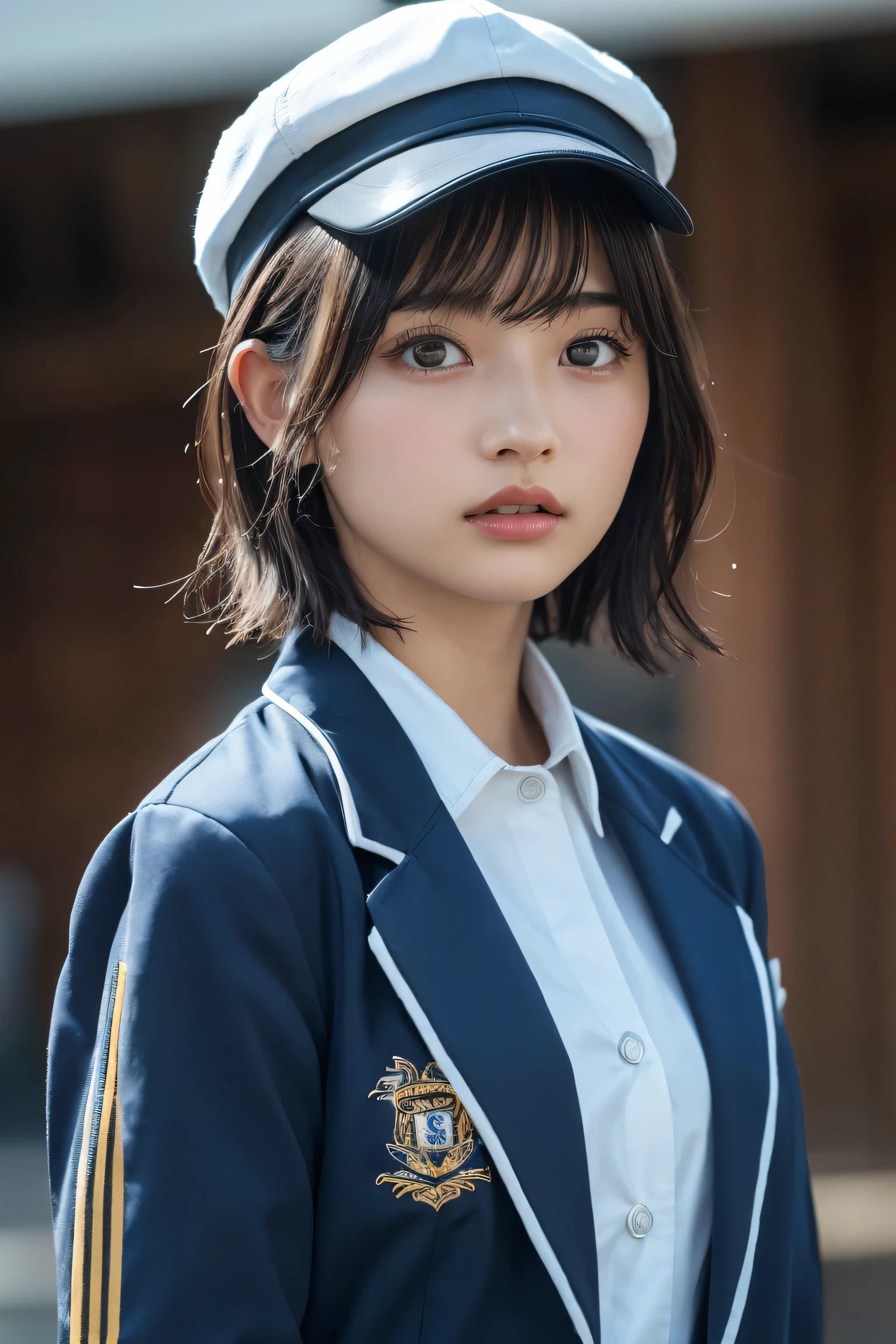 , long windblown [blue-black:.3] hair,looking at viewer, (masterpiece:1.3), (8k, photorealistic, RAW photo, best quality: 1.4), japanese, (1girl), beautiful face, (realistic face), (black hair, short hair:1.3), beautiful hairstyle, realistic eyes, beautiful detailed eyes, (realistic skin), beautiful skin, attractive, ultra high res, ultra realistic, highly detailed, Marching Band - uniform band jackets and hats.
